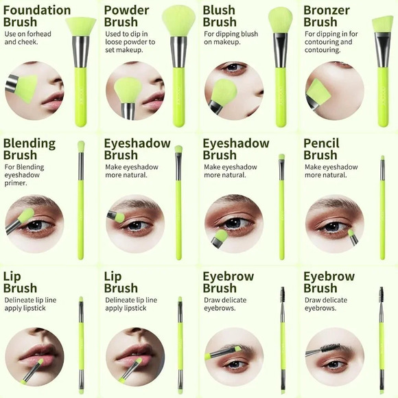 Docolor Makeup Brushes 10 Pcs Premium Synthetic Hair Brush Set, Neon Green - Picture 5 of 15